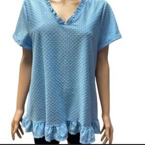 NWT LADIES SIZE XL CORAL BAY BLUE V-NECK SHORT SLEEVE RAISED DOT SHIRT BLOUSE